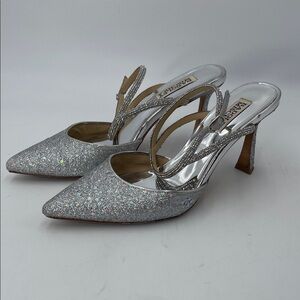 Badgley Mischka Silver Sparkle Slingback Pointed Toe Party Heels